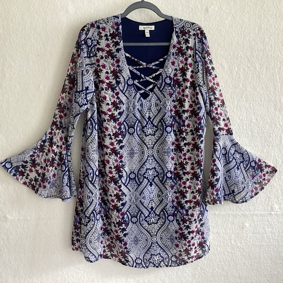 Y2K Speechless Red Blue White Paisley Print Bell Sleeve Boho Lined Mini Dress L - Picture 1 of 7